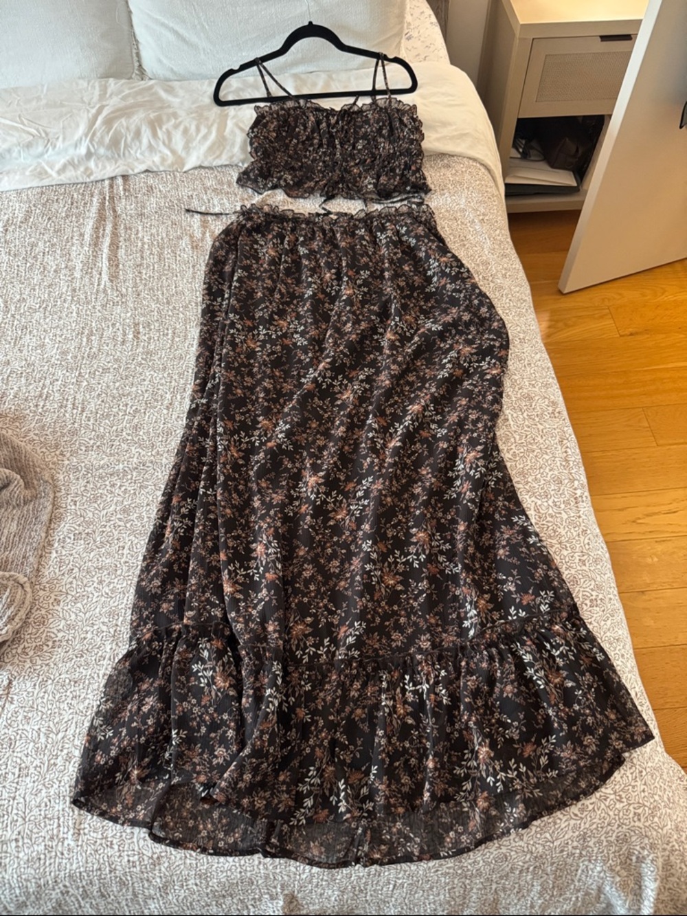 Floral Two-Piece Maxi Set - Black with Brown & Cream Flowers